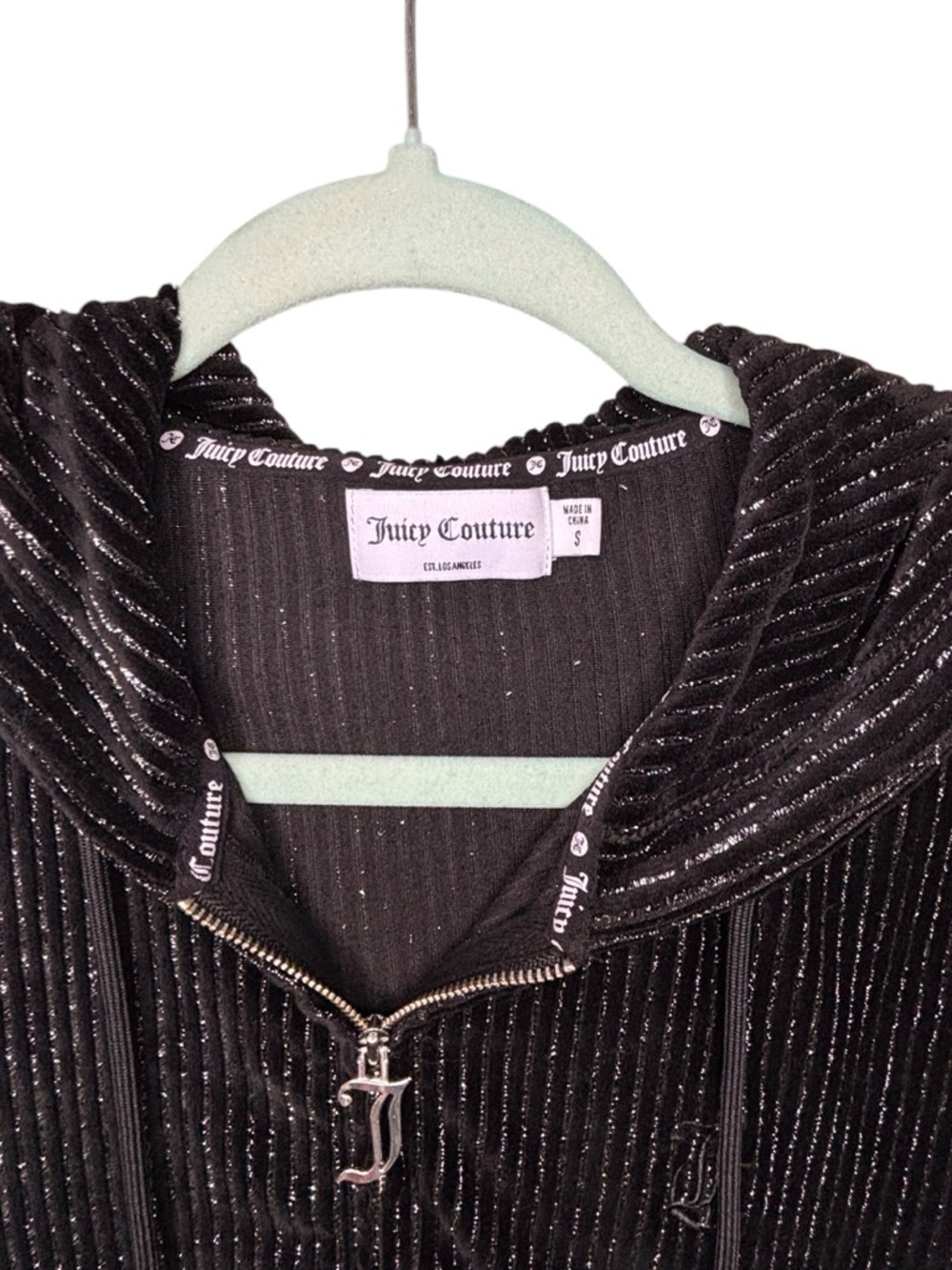 Juicy Couture Black Metallic Ribbed Velour Zip Hoodie Cropped Size S Y2K - Picture 4 of 10